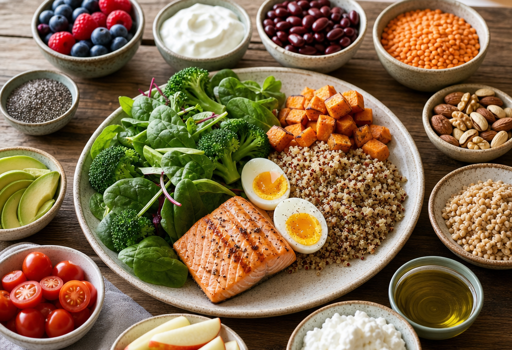 Healthy meal bowl with salmon, quinoa, spinach, broccoli, sweet potato, and boiled eggs, surrounded by fruits, nuts, beans, and yogurt