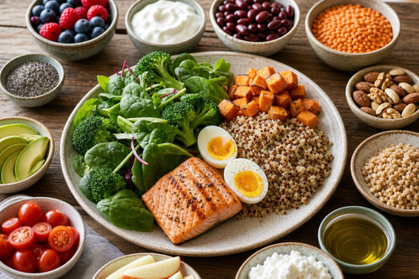 Healthy meal bowl with salmon, quinoa, spinach, broccoli, sweet potato, and boiled eggs, surrounded by fruits, nuts, beans, and yogurt