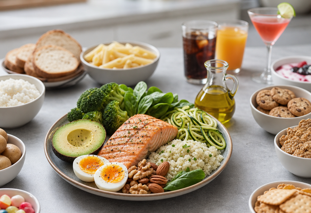 Healthy meal spread with salmon, avocado, eggs, vegetables, rice, nuts, and assorted drinks and snacks