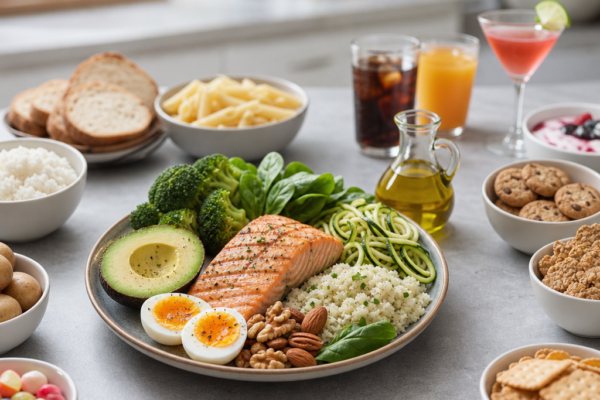 Healthy meal spread with salmon, avocado, eggs, vegetables, rice, nuts, and assorted drinks and snacks