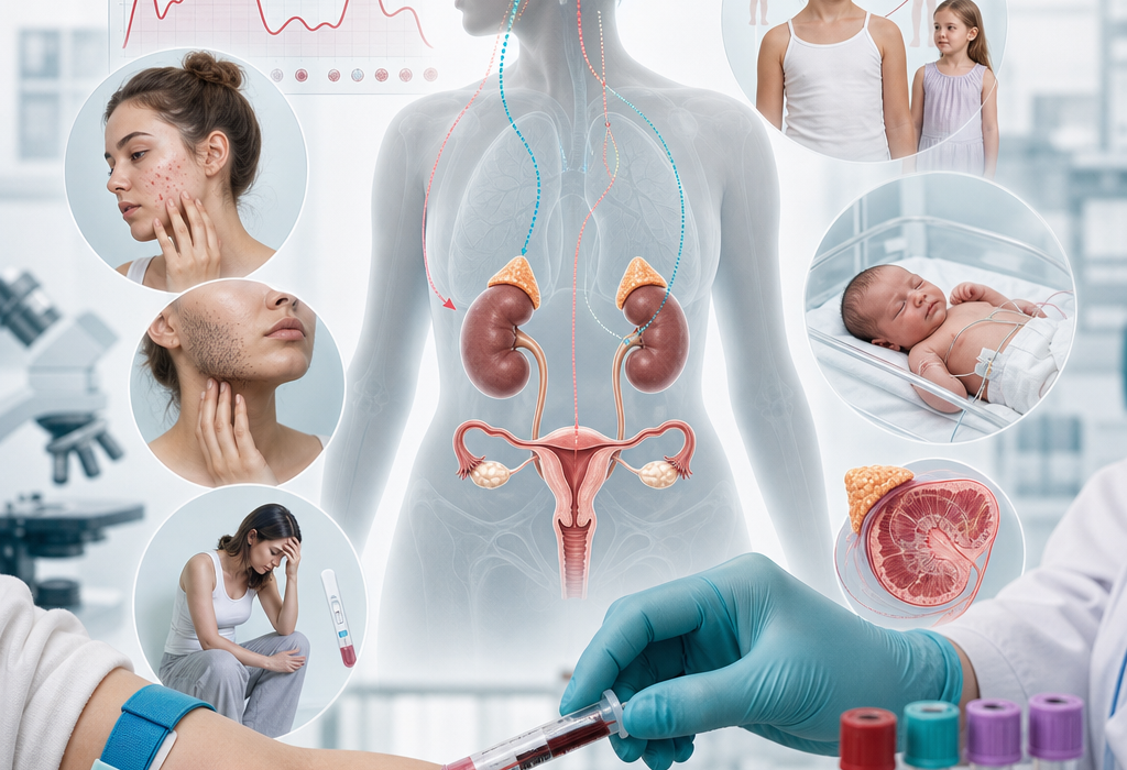Hormonal blood test and injection collage showing endocrine symptoms, pregnancy, and pituitary-adrenal-reproductive organs