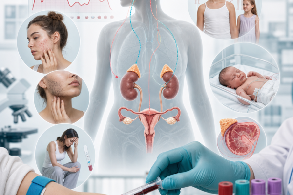 Hormonal blood test and injection collage showing endocrine symptoms, pregnancy, and pituitary-adrenal-reproductive organs