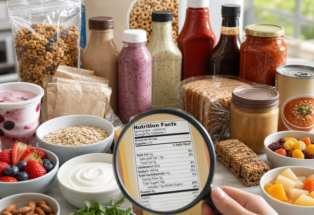 Magnifying glass showing a nutrition facts label on a food package surrounded by various packaged and fresh foods