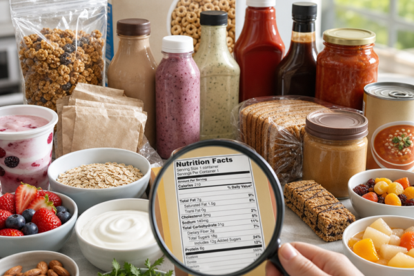 Magnifying glass showing a nutrition facts label on a food package surrounded by various packaged and fresh foods