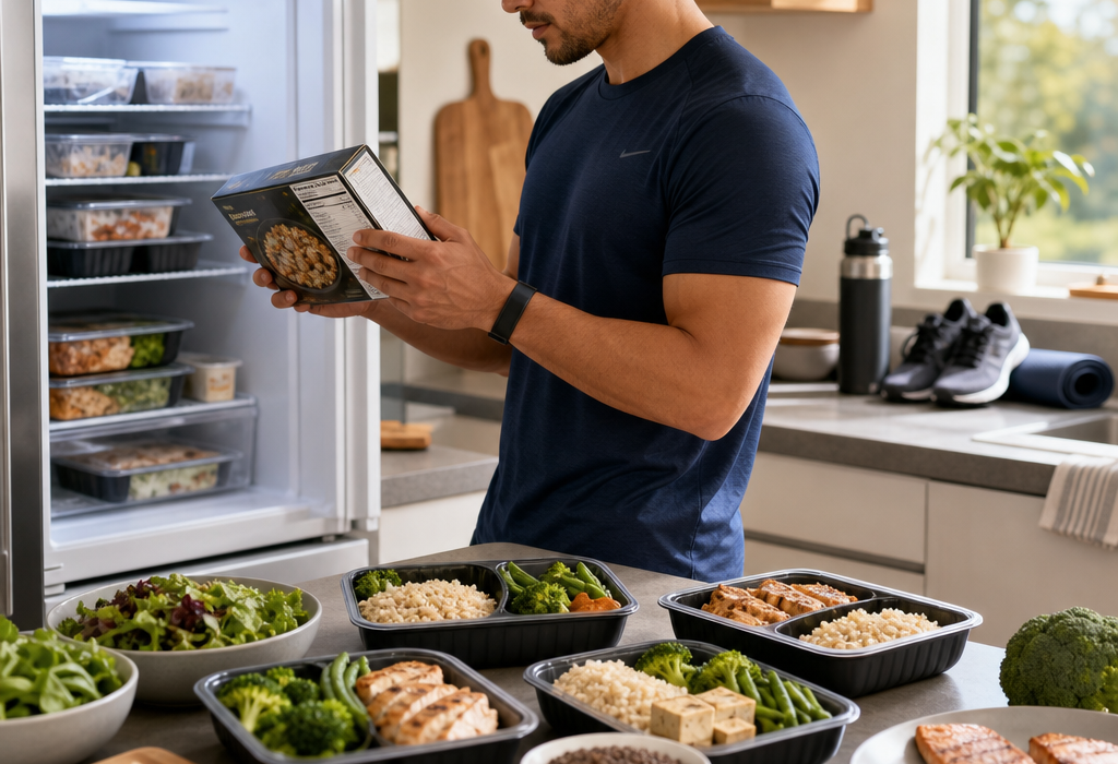 Man reading the nutrition label on a meal-prep container in a kitchen