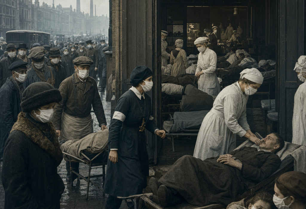 Masked patients and nurses outside a crowded field hospital during a pollution or flu outbreak