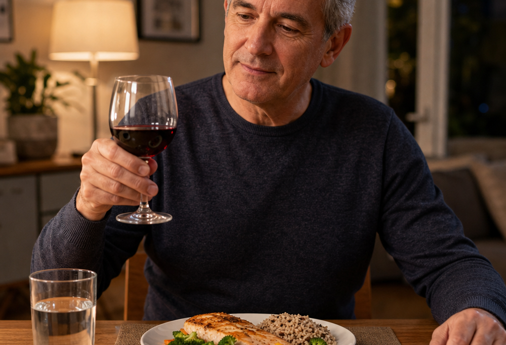 Middle-aged man holding a glass of red wine at a dinner table with fish, vegetables, water, a glucose meter, and a phone