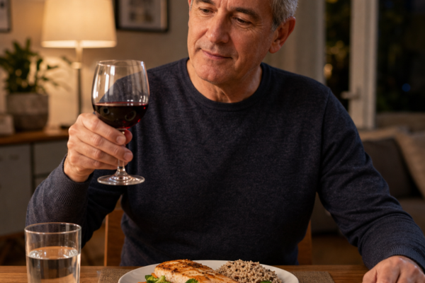 Middle-aged man holding a glass of red wine at a dinner table with fish, vegetables, water, a glucose meter, and a phone