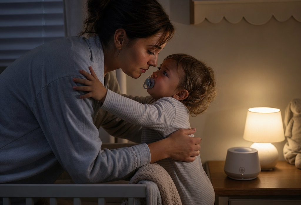 Mother comforting toddler in a crib at bedtime