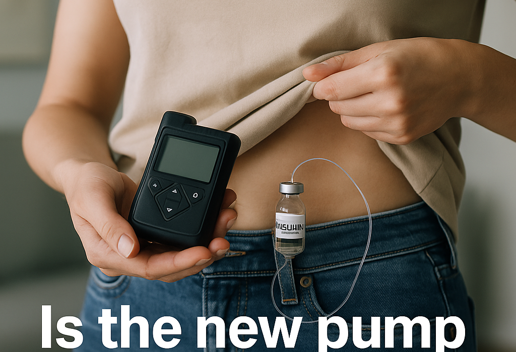 A person holding an insulin pump while examining old insulin vials