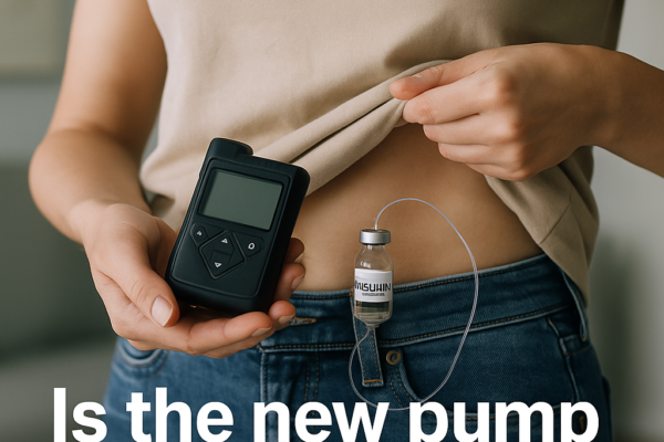 A person holding an insulin pump while examining old insulin vials