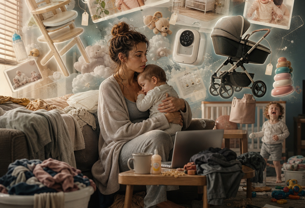 Overwhelmed mother holding a baby amid a cluttered home, with baby care items and family moments floating around her