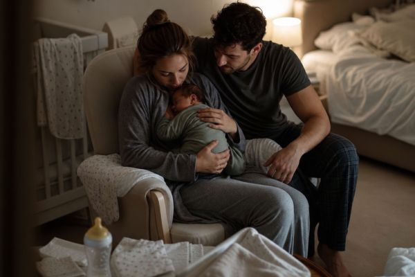Parents holding a sleeping newborn in a softly lit bedroom
