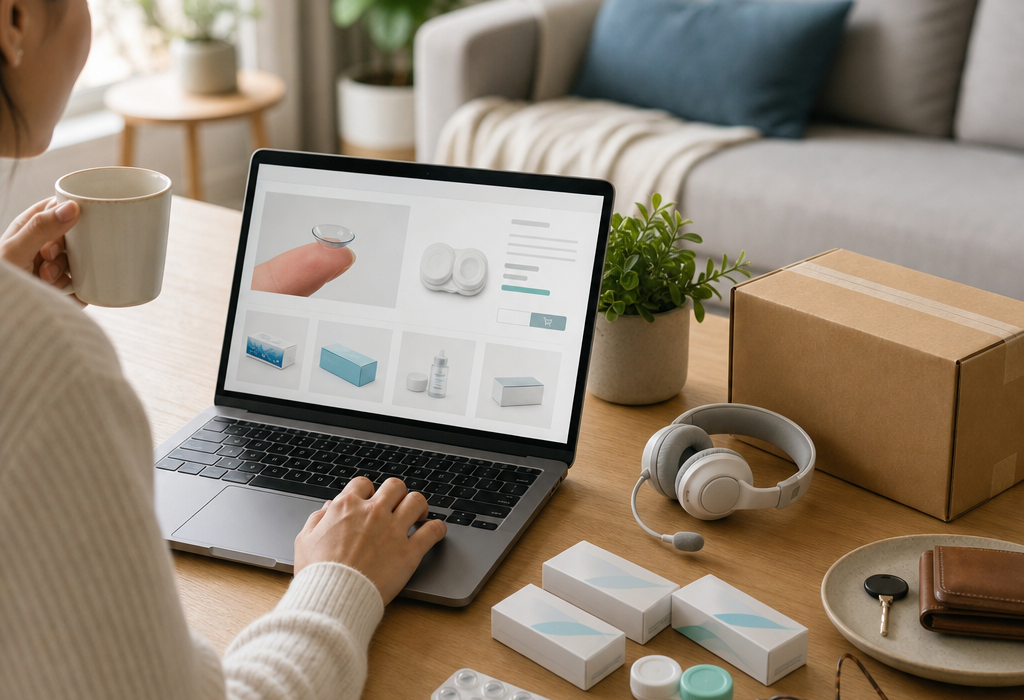 Person shopping online for contact lenses and other items at a laptop, with packages on the table