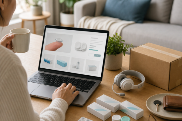 Person shopping online for contact lenses and other items at a laptop, with packages on the table