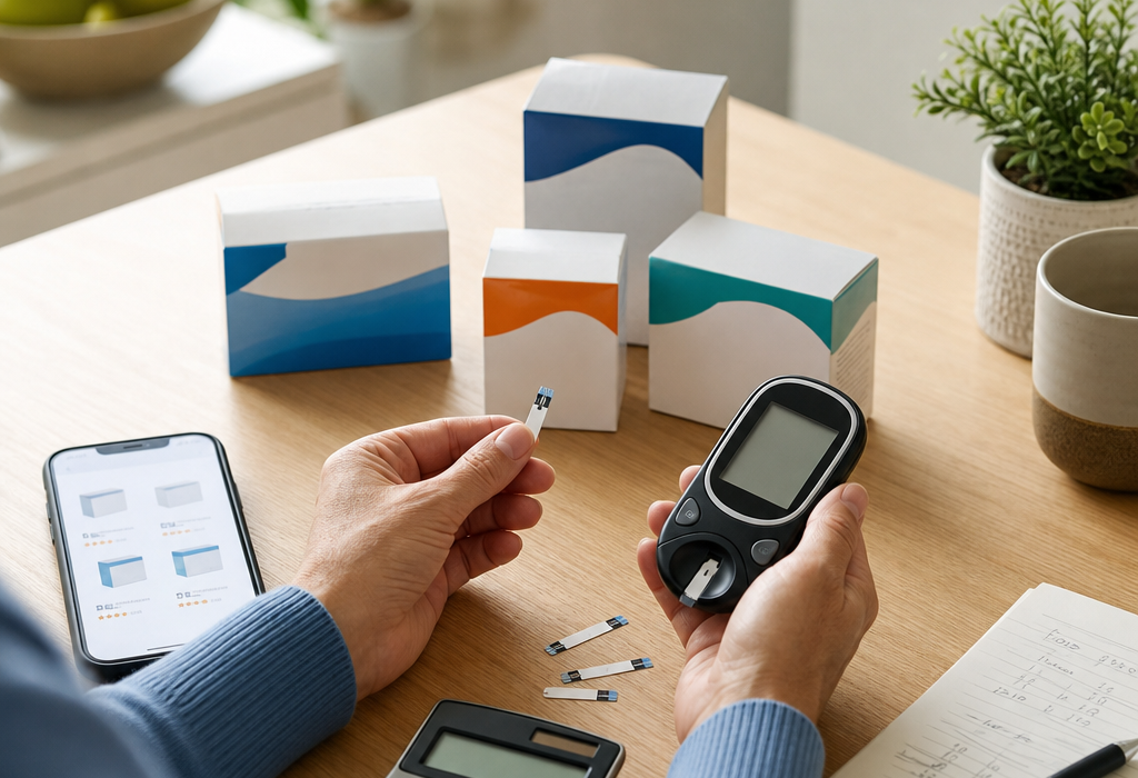 Person testing a blood glucose meter with test strips on a desk