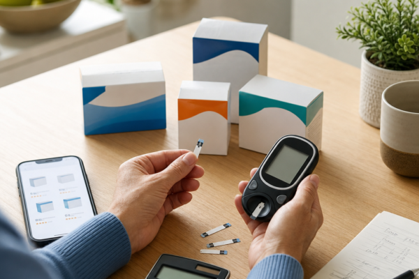 Person testing a blood glucose meter with test strips on a desk