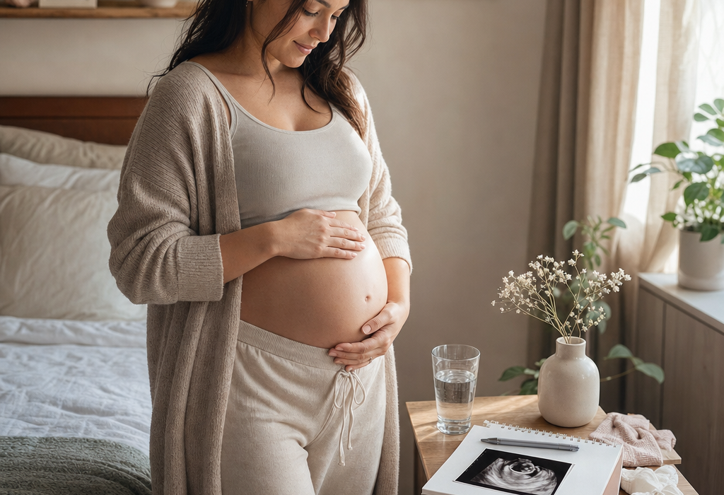Pregnant woman gently holding her belly beside an ultrasound photo on a bedside table
