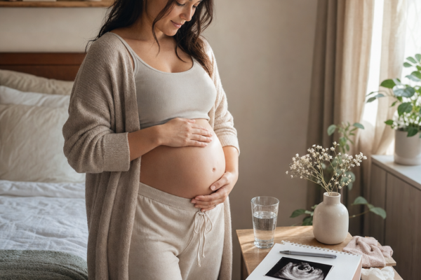Pregnant woman gently holding her belly beside an ultrasound photo on a bedside table