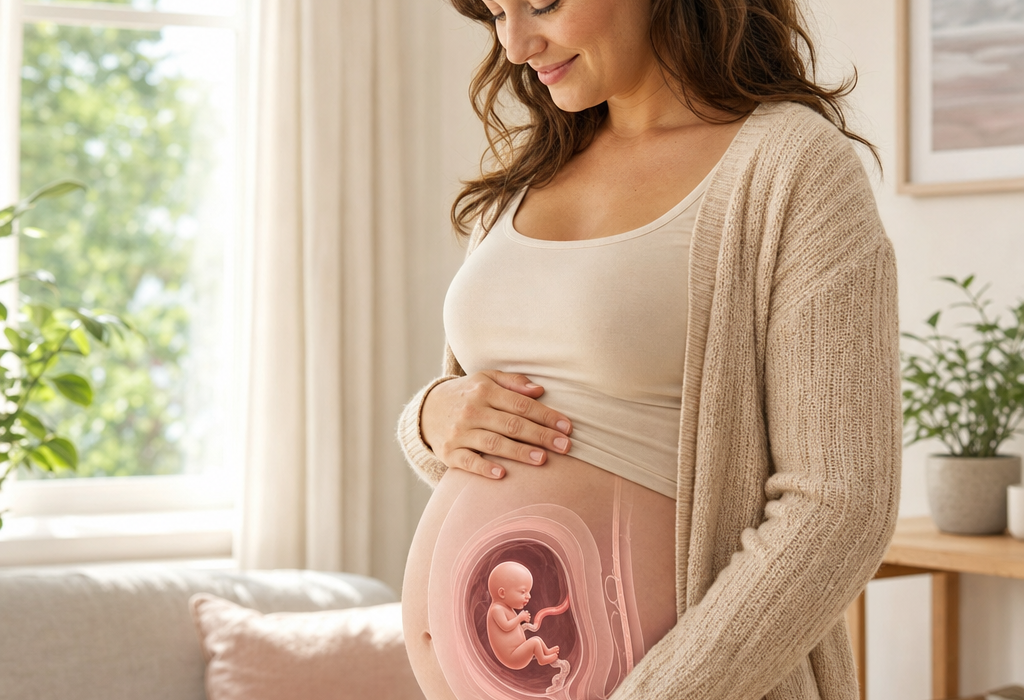 Pregnant woman gently holding her belly, with a baby illustration showing inside the womb