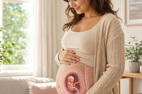 Pregnant woman gently holding her belly, with a baby illustration showing inside the womb