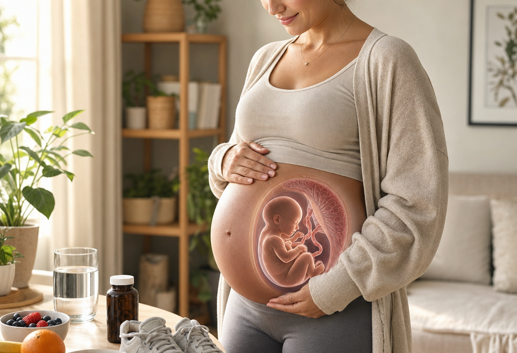 Pregnant woman gently holding her belly, with a fetus illustration inside