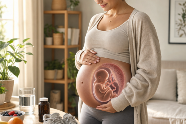 Pregnant woman gently holding her belly, with a fetus illustration inside