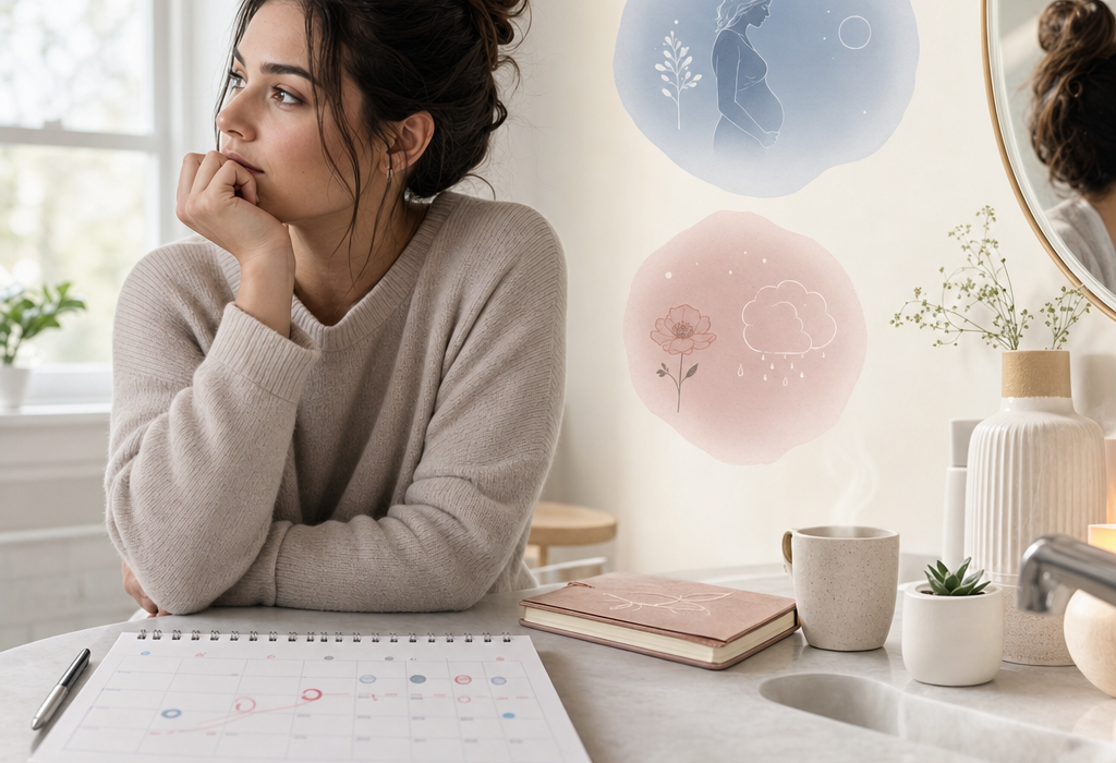 Pregnant woman sitting at a kitchen counter, looking pensive beside a calendar and a positive pregnancy test