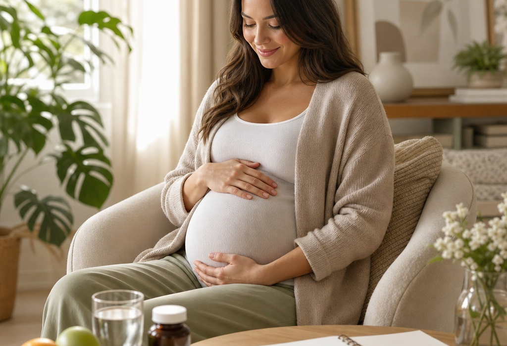 Pregnant woman sitting in a chair, holding her belly in a calm living room