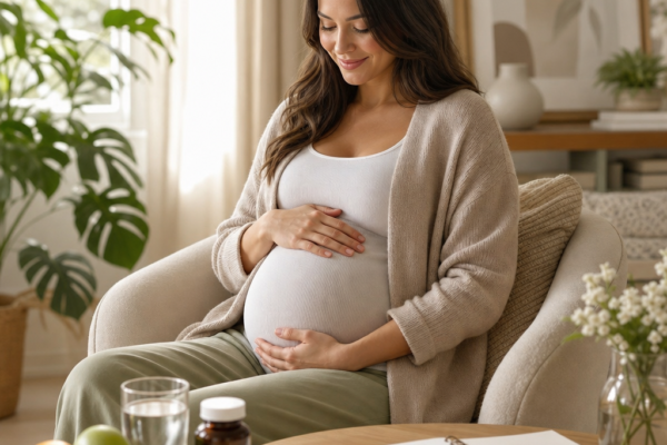 Pregnant woman sitting in a chair, holding her belly in a calm living room