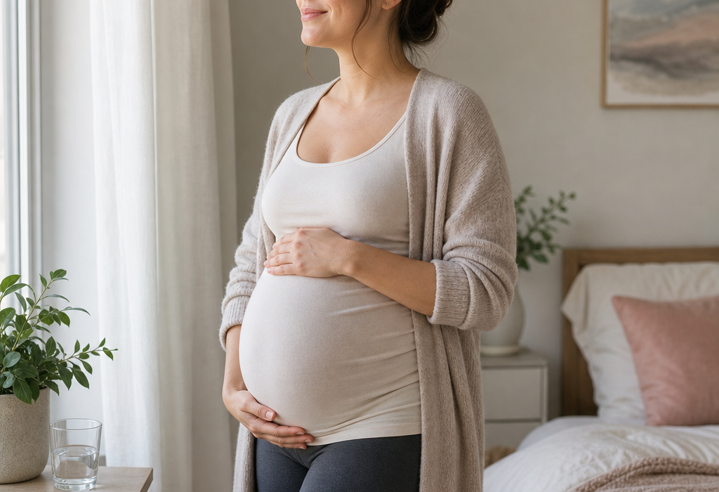 Pregnant woman standing by a window in a bedroom, holding her belly