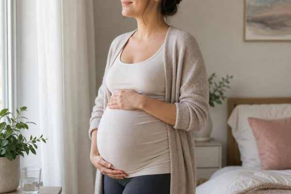 Pregnant woman standing by a window in a bedroom, holding her belly
