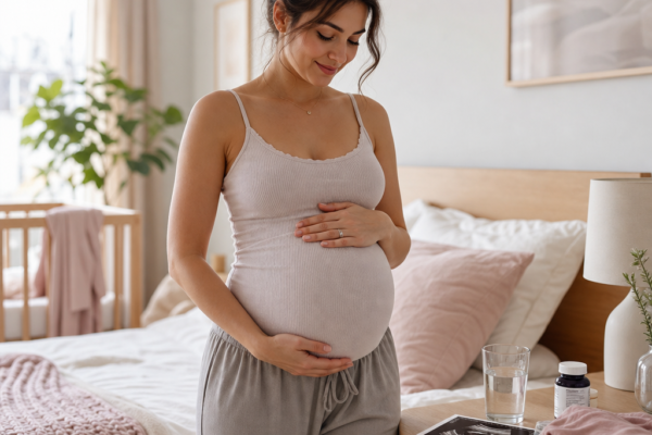 Pregnant woman standing in a bedroom, holding her belly with an ultrasound photo nearby