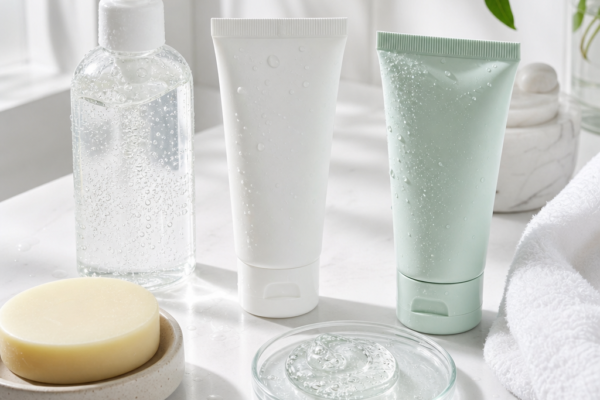 Skincare products on a white countertop: pump bottle, two tubes, soap, and cream container