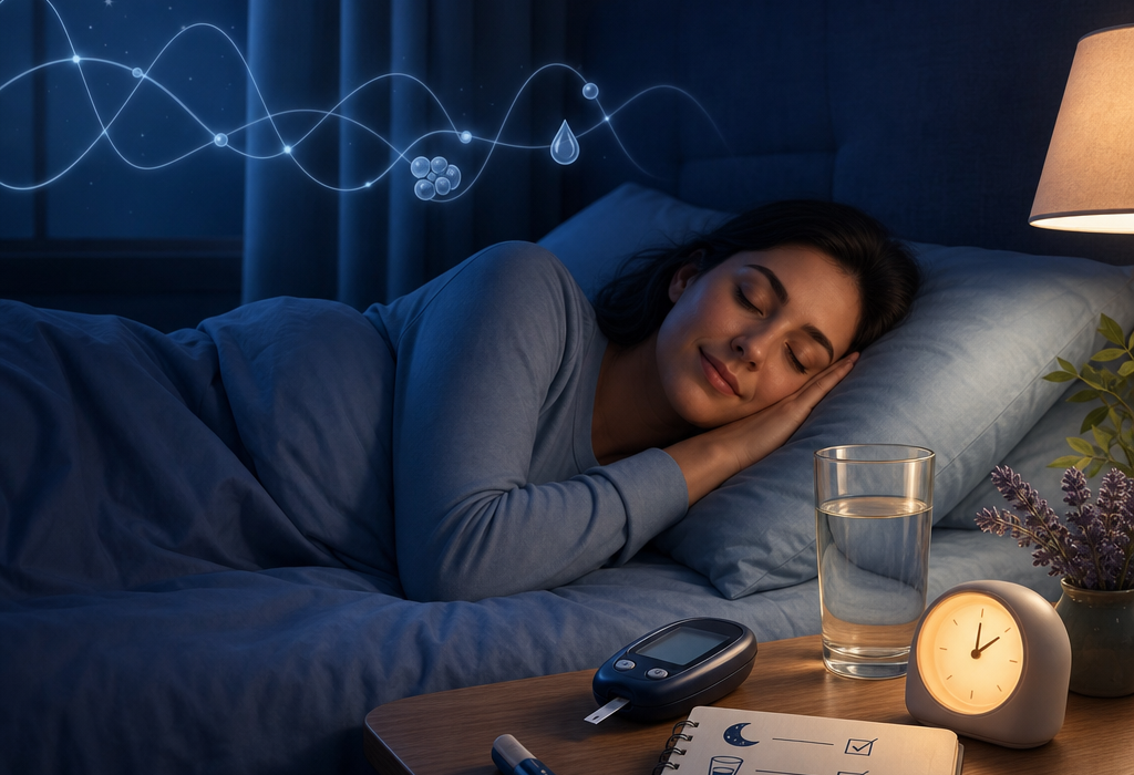 Sleeping woman in bed beside a nighttime blood glucose meter, water, and a routine checklist