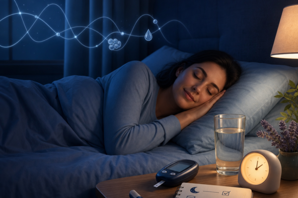 Sleeping woman in bed beside a nighttime blood glucose meter, water, and a routine checklist