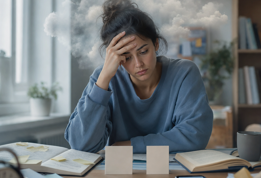 Stressed woman at a desk with notes, books, and a phone, looking overwhelmed