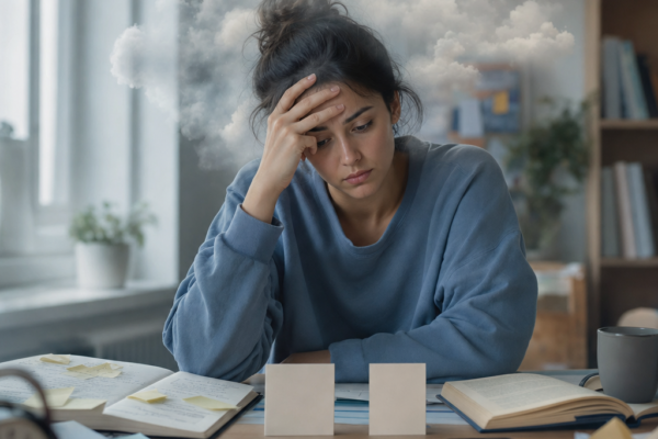 Stressed woman at a desk with notes, books, and a phone, looking overwhelmed