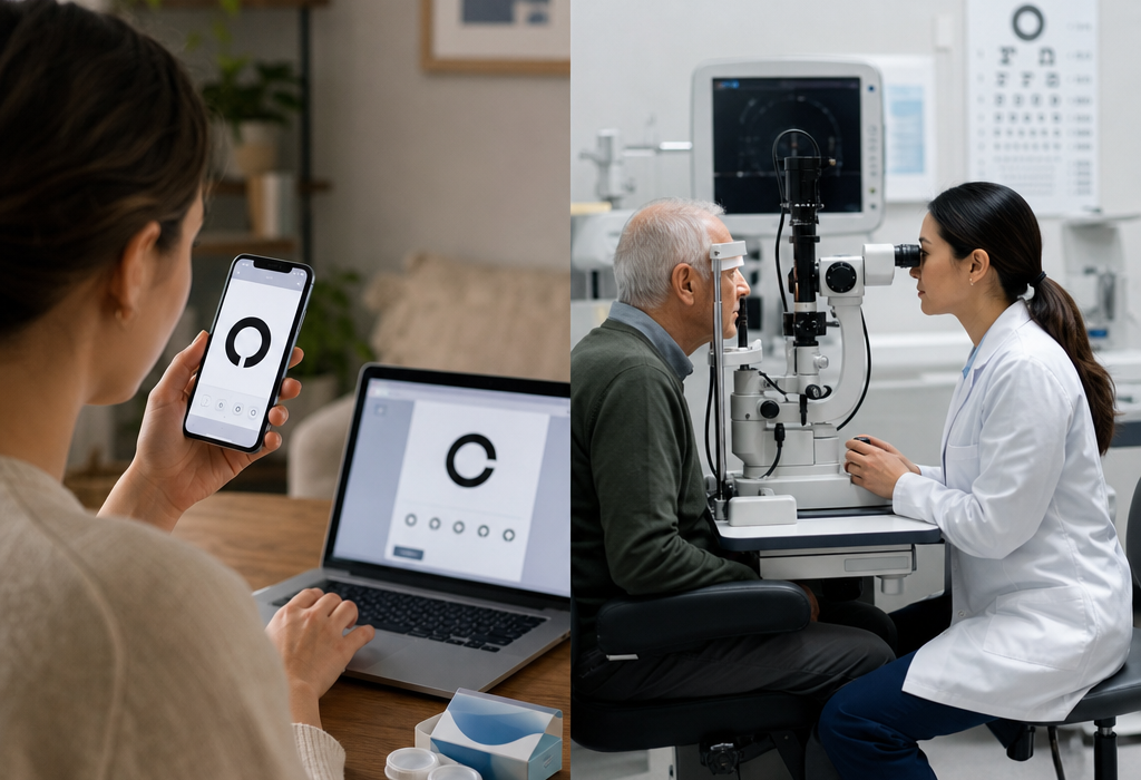Telehealth eye exam with vision test on a phone and laptop, and a patient being examined at an eye clinic