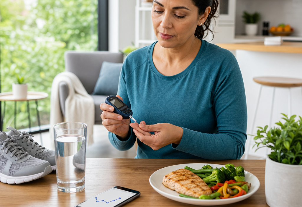 Woman checking her blood sugar with a glucose meter at the table beside a healthy meal