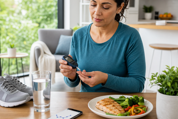 Woman checking her blood sugar with a glucose meter at the table beside a healthy meal
