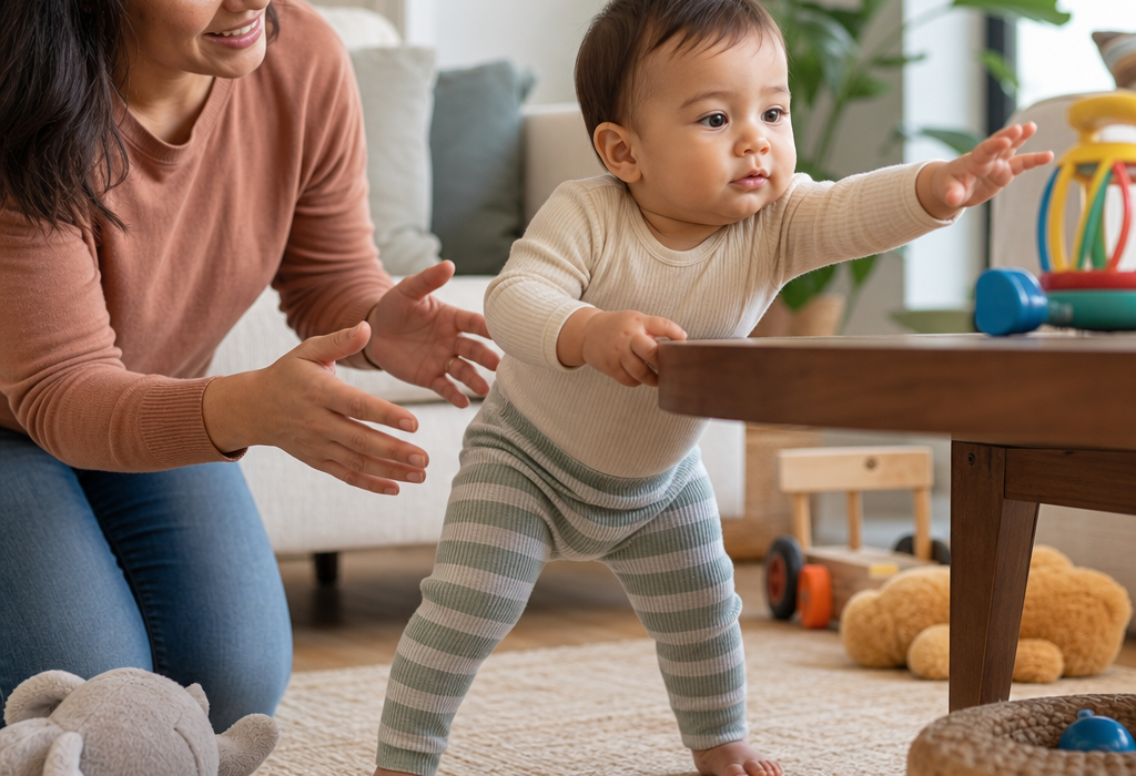 Woman encouraging a baby to stand and reach for a table in a living room