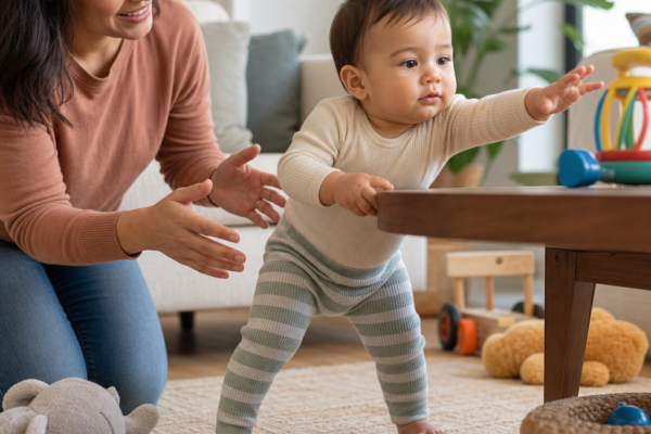 Woman encouraging a baby to stand and reach for a table in a living room