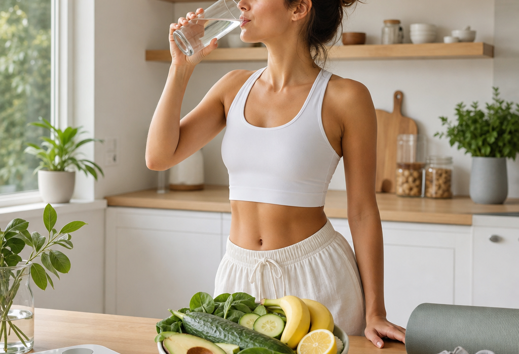 Woman in workout clothes drinking water in a bright kitchen beside a bowl of fruit and vegetables