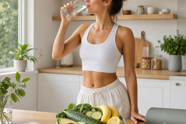 Woman in workout clothes drinking water in a bright kitchen beside a bowl of fruit and vegetables
