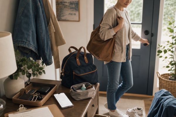 Woman leaving home with bag and keys, with a packed entryway and checklist on the table