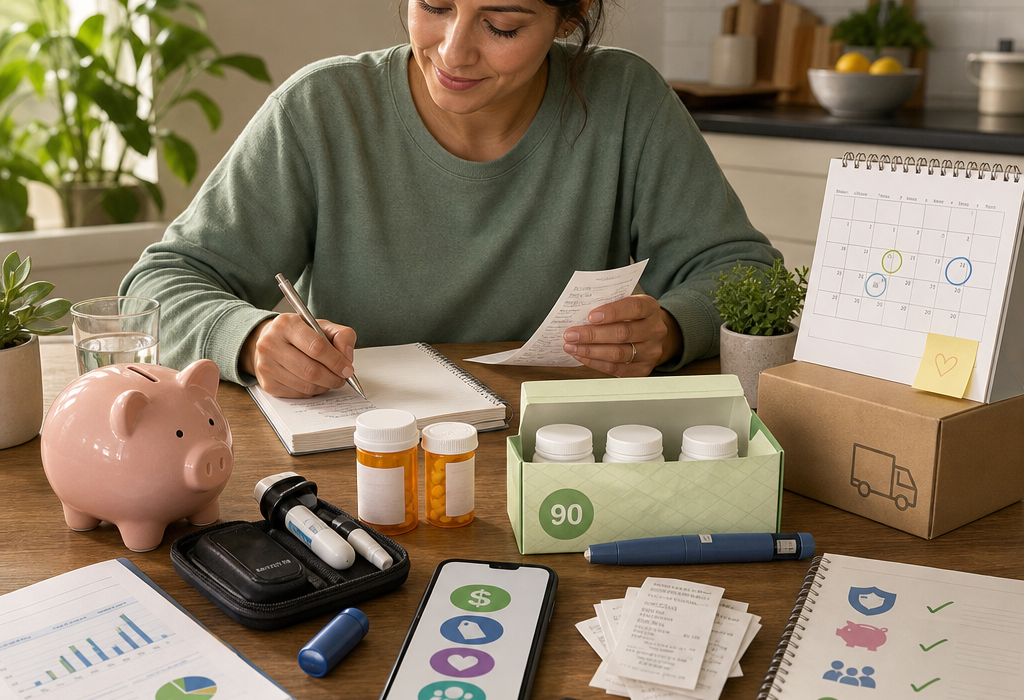 Woman managing household finances and bills at a table with a calendar, receipts, piggy bank, pill bottles, and a phone budgeting app