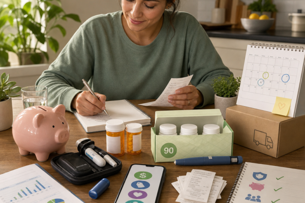 Woman managing household finances and bills at a table with a calendar, receipts, piggy bank, pill bottles, and a phone budgeting app