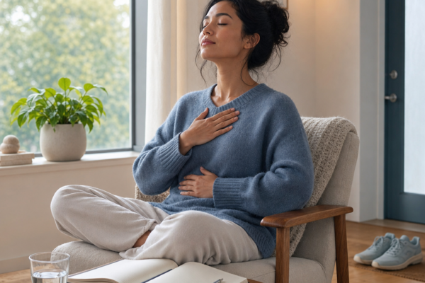 Woman meditating with eyes closed and hands on her chest in a sunlit living room
