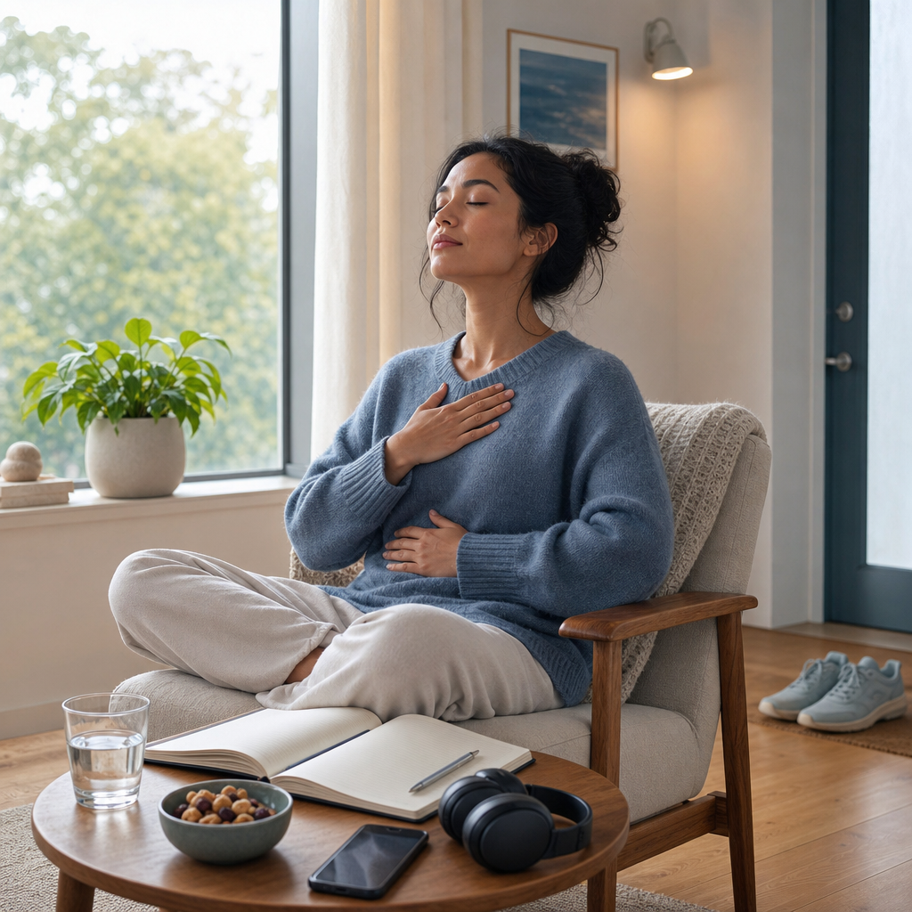A woman seated by a window with her eyes closed and hands resting on her chest and abdomen